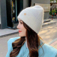 ฤดูใบไม้ร่วงฤดูหนาวใหม่สีทึบ Beanies Designer กระต่ายผมขนสัตว์ถักสำหรับหญิงเย็นหลักฐาน Warm Letter M Skullies หมวก