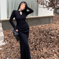 French Hepburn wind beautiful little black dress sense of advanced knitting dress new autumn fashion temperament long gown