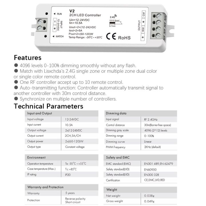 ตัวควบคุมไฟ-led-cct-12v-24v-10a-2ch-rf-2-4g-รีโมทไร้สาย-ww-cw-smart-wifi-หรี่สำหรับ-dual-white-single-color-ct-led