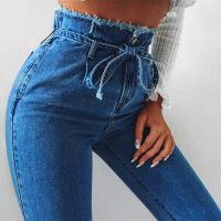 Blue Large Plus Size Sashes High Waist Boyfriend Jeans For