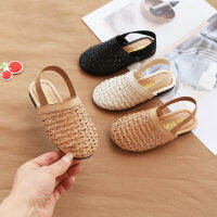 New girl knitted pu leather sandals 2021 summer casual shoes kids sandals black beige slippers