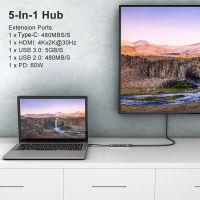 5-In-1ฮับประเภท C เพื่อที่ต่อ HDMI แบบพกพาสำหรับ OS X/สวิตช์/โทรศัพท์มือถือ