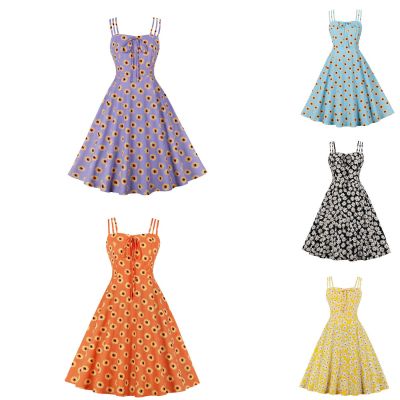 HOT11★Women Vintage Sun Flower Dress Retro Rockabilly Strap Suspenders tail Party 1950s 40s Swing Dress Summer Dress Sleeveless