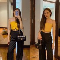 TW13859 Set 2 ชิ้น เสือครอปแขนกุดแต่งตาข่าย + กางเกงเอวสูงขายาว  Set of 2 pieces. Sleeveless crop top with mesh + high-waisted pants.