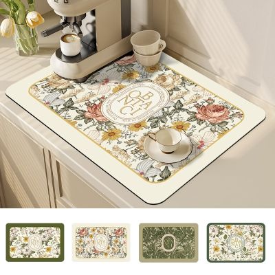 Rectangle Drain Pad Flower Pattern Table Coffee Mat Fast Dish Drying Mats Home Decoration Draining Placemat Kitchen Accessories