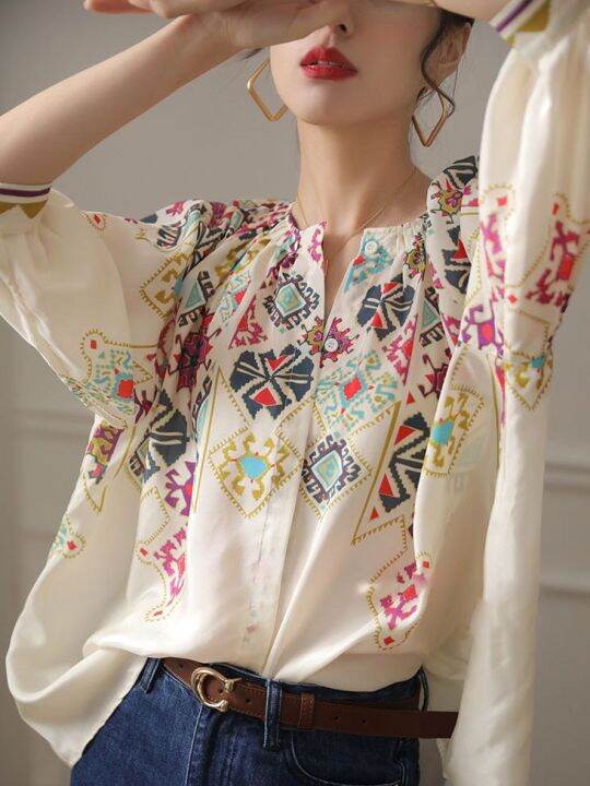 เสื้อเบลาส์สตรีแฟชั่นสไตล์ฝรั่งเศสสีขาวฤดูใบไม้ผลิและฤดูใบไม้ร่วง-blouse301t3112ทรงหลวมลำลองสำหรับผู้หญิงพิมพ์ลายเสื้อตำแหน่ง