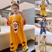 【Ready Stock】 ✑ C22 ✿Childrens one-piece pajamas Summer Cotton mens and womens cute cartoon anti kicking quilt cotton home clothes