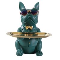 French Bulldog Figurine with Tray Sculpture Desk Storage Statue Decorative Coin Bank Home Room Decoration