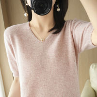 New Spring Short-sleeved Womens Autumn and Winter Sweater V-neck Half-sleeve Trendy All-match Korean-style Loose Base Shirt T-shirt for Women 2023