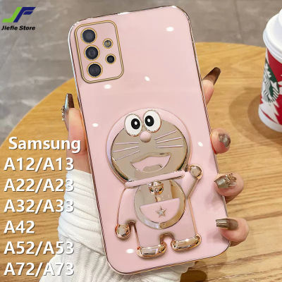 เคสโทรศัพท์โดราเอมอนสำหรับ Samsung Galaxy A12 / A22 / A32 / A42 / A52 / A72 / A13 / A23 / A33 / A53 / A73 / A14 / A24 / A34 / A54การ์ตูนตุ๊กตาน่ารักฝาครอบโทรศัพท์เนื้อนิ่ม TPU ชุบโครเมียม + ขาตั้ง