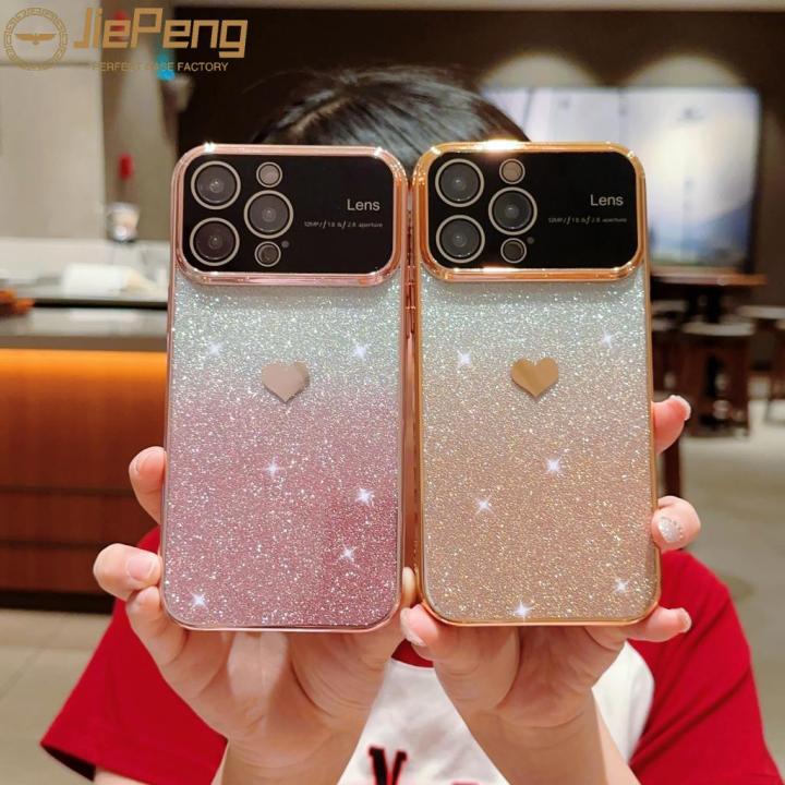jiepeng-สำหรับ-iphone-15-14-13-12-11-pro-max-plus-โปร่งใสขนาดใหญ่หน้าต่าง-electroplated-ด้านข้าง-love-gradient-glitter-กระดาษแฟชั่นเคสโทรศัพท์