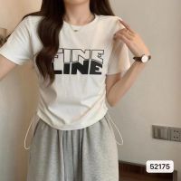 (CF0629) เสื้อไหมพรมแขนสั้น สีพื้นลายFINE LINE แต่งดีเทลเชือกรูดด้านข้าง #52175