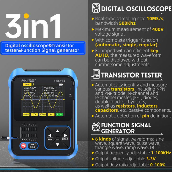 fnirsi-dso-tc3เครื่องทดสอบทรานซิสเตอร์ออสซิลโลสโคปแบบดิจิตอลแบบ3-in-1เครื่องกำเนิดสัญญาณฟังก์ชันเครื่องทดสอบส่วนประกอบอิเล็กทรอนิกส์มัลติฟังก์ชั่น