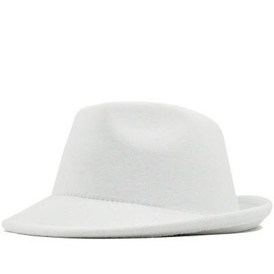 ผ้าขนสัตว์สีขาวเรียบง่ายหมวกคาวบอยแจ๊สหมวกเทรนด์ Trilby Fedoras หมวกปานามาหมวก chapeau สําหรับผู้ชายผู้หญิง 56-58CMの