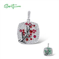 SANTUZZA 925 Sterling Silver Pendant For Women Sparkling Pink Green Cherry Tree Delicate Fashion подвеска кулон Fine Jewelry