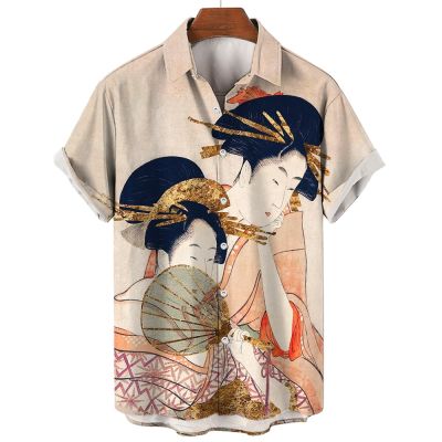เสื้อยืดผ้าฝ้ายลายเกอิชาสำหรับผู้หญิงเสื้อผ้าวินเทจเสื้อฮาวายพิมพ์ลาย3D ขนาดใหญ่เสื้อผ้าผู้ชายแขนสั้นแฟชั่นญี่ปุ่น