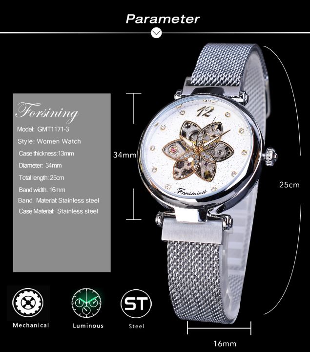forsiling-นาฬิกาข้อมือสตรีกลกันน้ำนาฬิกาลำลองอัตโนมัติ-นาฬิกาข้อมือผู้หญิงแฟชั่นประดับเพชรแบบบางเรืองแสงผ้าตาข่ายสีเงิน