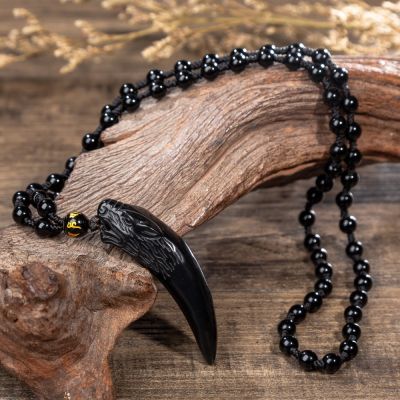 【CW】Nature Obsidian Wolf Tooth Pendant Necklaces Lucky Beaded Rope Couple Necklaces Black and Ice Obsidian Amulets Necklaces Jewelry