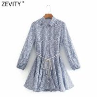 Zevity Women Vintage Totem Geometric Print Big Swing Ruffles Mini Shirt Dress Office Ladies Chic Lace Up Sashes Vestidos DS8593