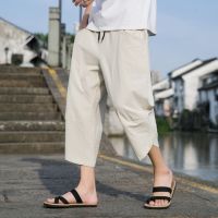 CODwuyan8340 Ready Stock Mens Cotton and Linen Cropped Pants Summer Thin Loose Beach Pants Big Size M-5XL