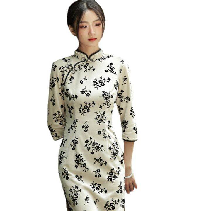 2022เกล็ดหิมะ-flocking-ลูกไม้กลางความยาวชุด-cheongsam-ย้อนยุคปรับปรุงเก่าเซี่ยงไฮ้-cheongsam