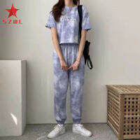 SZWL 2 Women Outfits Tie Dye Printing Crew-neck Short Sleeve T-shirt Jogger Pants Casual Sportswear Suit