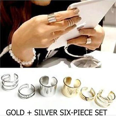 ผู้ชายแหวนผู้หญิงแหวนเครื่องประดับวัสดุทองแดงทั้งหมดแฟชั่นทองและเงินหกชิ้นแหวนดาวกับแหวนเดียวกัน