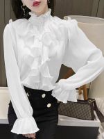 2023 Autumn Korean Ruffles Stitching Elegant Lace Blouse Woman Stand Collar Button Chiffon Shirt Long Sleeve Fashion Loose Tops