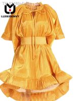 ☊◙► n4rn LUXE ENVY-Vestido de Verão Feminino Dress Cintura Alta com Renda Ruffle Verão Outono 2023