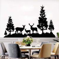 Deer Family and Pine Trees Wall Sticker Children Teen Room Jungle Forest Landscape Animal Wall Decal Bedroom Playroom Vinyl