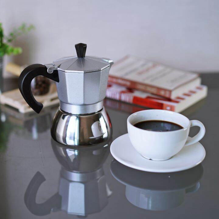 สีเงิน-kamping-ชุดเตาไฟฟ้า-500w-กาต้มกาแฟ-มอคค่าพอท-ฐานสแตนเลส-stainless-moka-pot-4cup-200ml