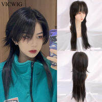 VICWIG สีดำ Mullet Head Wigs กับ Bangs ยาวสังเคราะห์ตรงผู้ชายผู้หญิงอะนิเมะคอสเพลย์วิกผมสำหรับ Daily Party