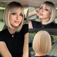 Blonde Ombre Short Straight Natural Synthetic Wigs with Bangs for Women Daily Party Use Heat Resistant Fiber Hair Wigs [ Hot sell ] Toy Center 2