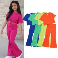 Kids Girls Summer Outfit Toddler Short Sleeve T-Shirt Tops + Flared Pants Leggings 2pcs Set Cute Children Flared Pants Clothes