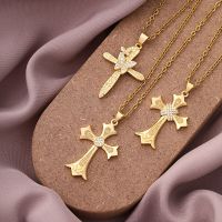 ZZOOI New Religion Cubic Zirconia Jesus Cross Pendant Necklace For Women Grils Gold Color Stainless Steel Chain Christian Jewelry Gift