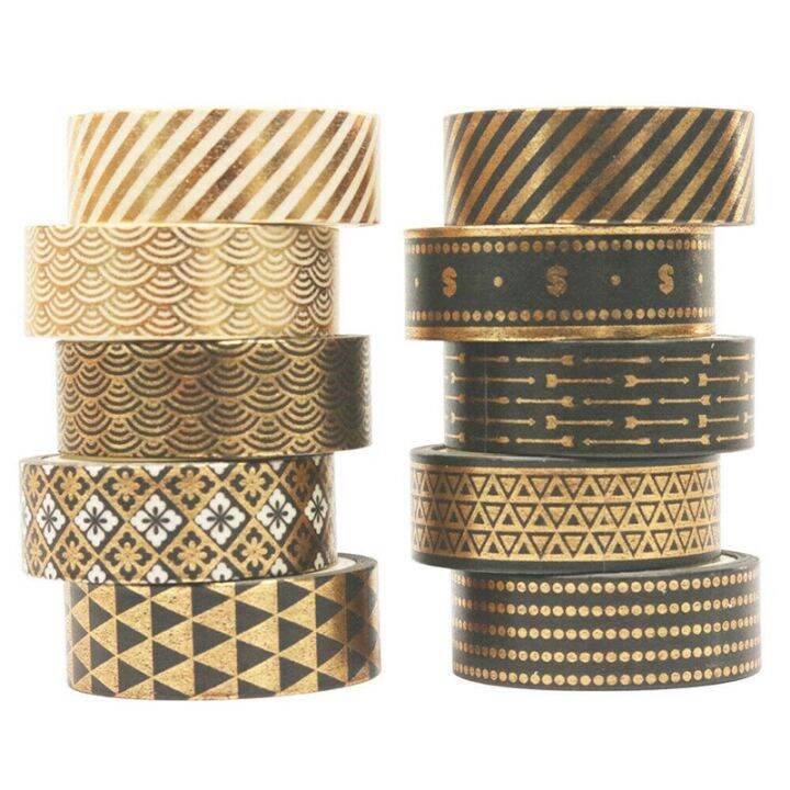 10-rolls-black-gold-foil-washi-tape-set-paper-scrapbooking-adhesive-masking-diy