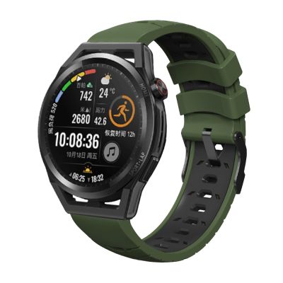 สำหรับนาฬิกา Huawei วิ่ง GT สายนาฬิกาข้อมือซิลิโคนรูสามแถวสี่เหลี่ยมคางหมู (สีเขียวทหารสีดำ)