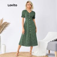 ✖ﺴ♣ Lovito Boho Ditsy Floral Button Frontditsy Women Dress L22ED085 (Green)