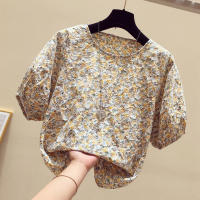 French Retro Floral Round Neck Puff Sleeve Blouse Womens Summer  New Western Style Loose Wild Thin Shirt