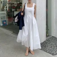 ZANZEA Korean Style Women Summer Beach Sleeveless Pleated Pocket Party Gown Long Tank Dress Sundress