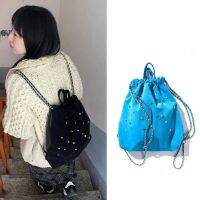 Frosted suede color gemstone chain backpack drawstring pocket drawstring handbag Korean minority womens bag trend 【APR】