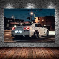 Supercar Nissan GT R R35สีขาว Back View Wall Art ภาพวาดผ้าใบโปสเตอร์สำหรับห้องนั่งเล่นตกแต่งบ้าน