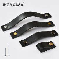 【LZ】✼  IHOMCASA Black Cowhide Handle Door Knobs Furniture Drawer Cupboard Shoe Cabinet Pulls Genuine Leather Handles Modern Style