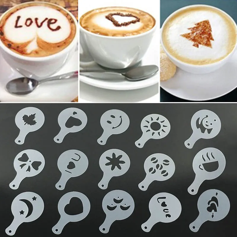 Stainless Steel Chocolate Shaker Duster + 16 Cappuccino Coffee Barista  Stencils Coffee + Measuring Spoon + Art Stencils Pen