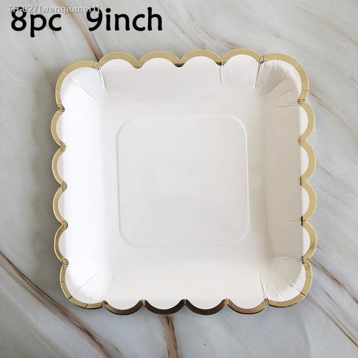 creative-8-guests-white-disposable-tableware-golden-edge-square-plates-cups-wedding-favor-happy-birthday-party-decor-kids-adults