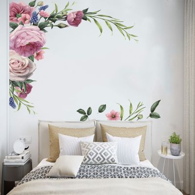 2PCS Large Peony Rose Wall Sticker DIY Vintage Flowers Wallpaper For Bedroom Living Room Decals Mural Home Decor Kid Girls Gift