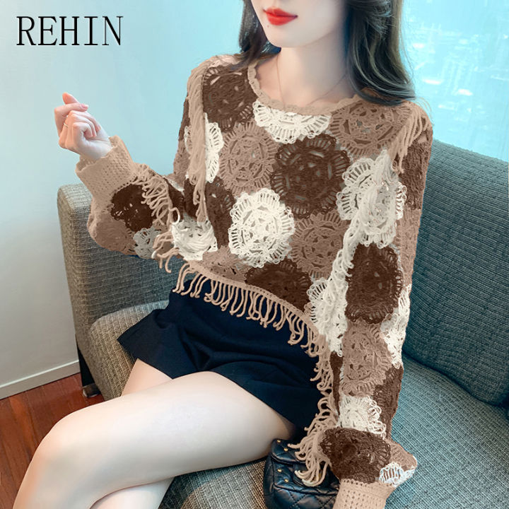 rehin-เสื้อลูกไม้ผู้หญิง2023เวอร์ชั่นเกาหลีใหม่ฤดูใบไม้ร่วงแขนยาว-เสื้อลูกไม้แบบสวมทางเรขาคณิตรูปแบบรอบคอ
