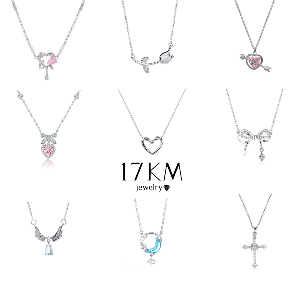 17KM Tulip Wing Heart Bow Pendant Necklace Pink Crystal Gem Zircon Chain Choker for Women Jewelry Accessories