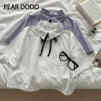 PEAR DODO เสื้อเชิ้ตแขนสั้นสำหรับผู้หญิง,เสื้อเชิ้ตแขนสั้นติดโบว์สไตล์มหาลัยแบบสั้นเกาหลี