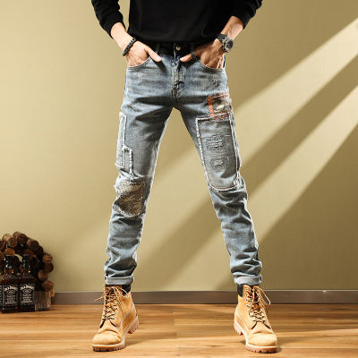 TOP☆Original Trendy Brand Jeans Mens Slim Slim Small Leg Pants Personality Ripped Scratch Stitch Patch Pants